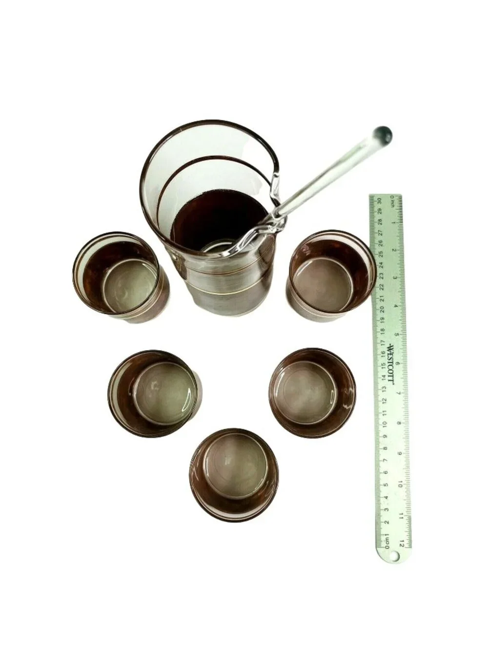 Vintage Culver Tortoise Cocktail Set w/ Pitcher 4 Glasses Stir Stick MCM 22k Bar